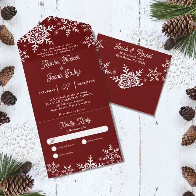 Invitación Todo En Uno Boda de Navidades rojos oscuros en invierno (Subido por el creador)