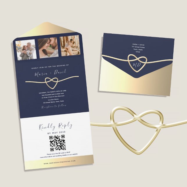 Invitación Todo En Uno Boda de Navy Gold Rope Heart QR (Subido por el creador)