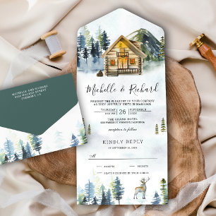 Invitación Todo En Uno Boda de niebla forestal de montaña Rustic Log Cabi