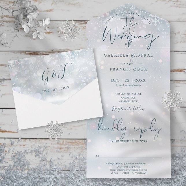 Invitación Todo En Uno Boda de nieve con elegante guion invernal (Winter Wonderland Elegant Script Snow Wedding All In One Invitation)