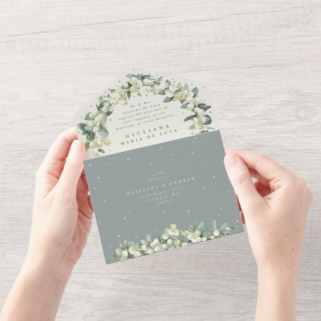 Invitación Todo En Uno Boda de nieve verde/crema formal + eucalipto (Apertura)