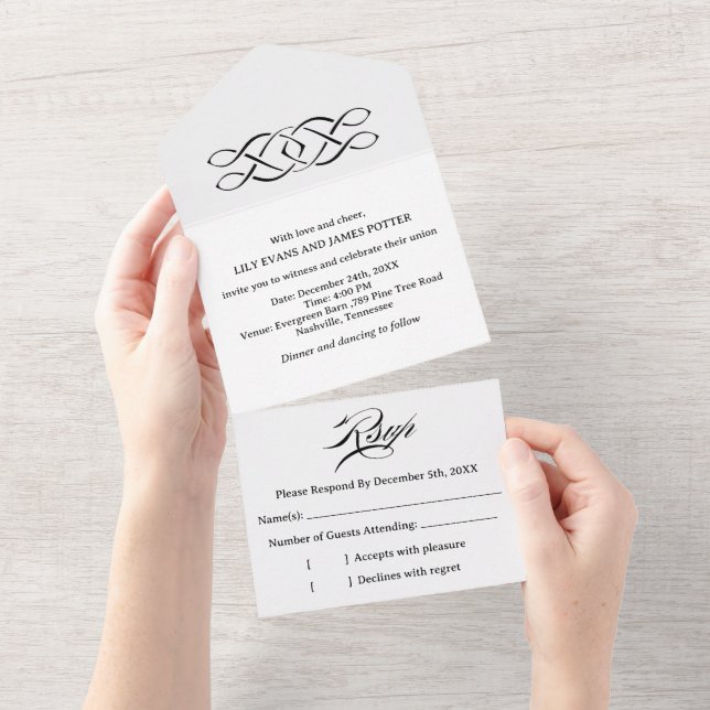 Invitación Todo En Uno Boda de Nudo Celta Blanco y Negro (desgarro)