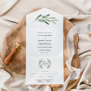 Invitación Todo En Uno Boda de olivo con vegetación rústica 