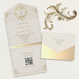 Invitación Todo En Uno Boda de oro barroco con código QR
