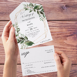 Invitación Todo En Uno Boda de oro de hojas y eucalipto