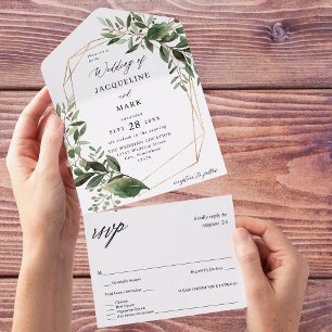 Invitación Todo En Uno Boda de oro de hojas y eucalipto
