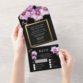 Invitación Todo En Uno Boda de oro de la flor de orquídea morada negra