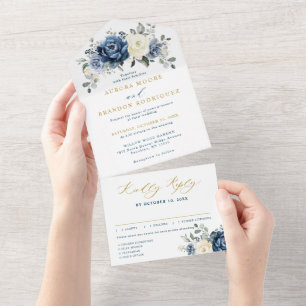 Invitación Todo En Uno Boda de oro de marfil de la marina azul turquesa