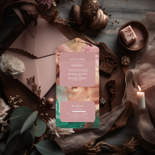 Invitación Todo En Uno Boda de oro de rosa verde esmeralda abstracto