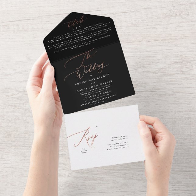 Invitación Todo En Uno Boda de oro elegante negro simple Rosa premium (desgarro)