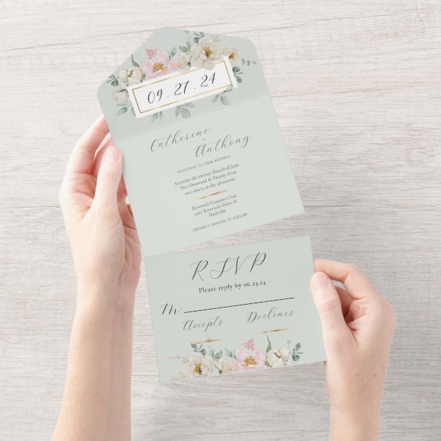 Invitación Todo En Uno Boda de oro floral verde moderno (desgarro)