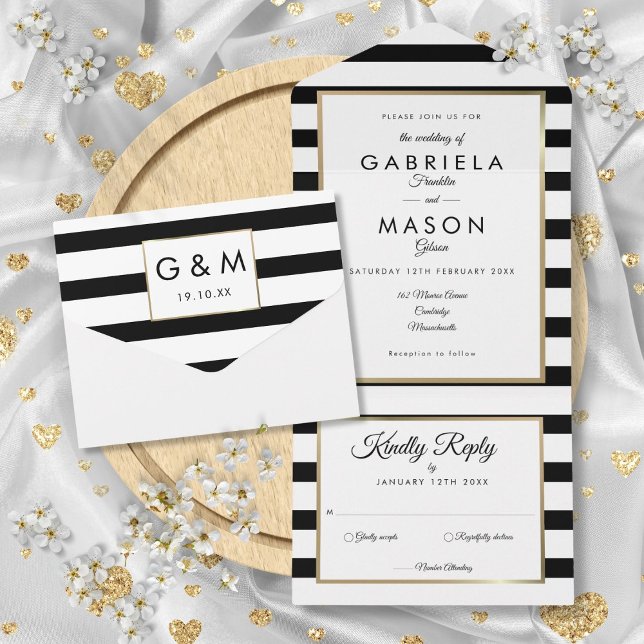 Invitación Todo En Uno Boda De Oro Moderno De Banda Negra Y Blanca (Modern Black And White Stripe Gold Wedding All In One Invitation)