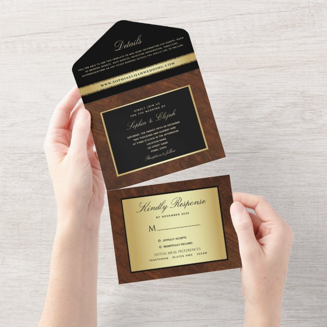 Invitación Todo En Uno Boda de oro negro elegante y sencillo (desgarro)