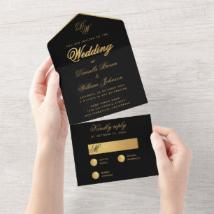 Invitación Todo En Uno Boda de Oro Negro Monograma de Letra de Cuerpo Sim