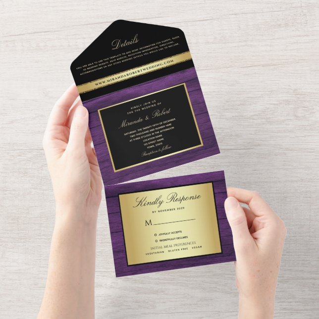 Invitación Todo En Uno Boda de oro púrpura y negro (desgarro)