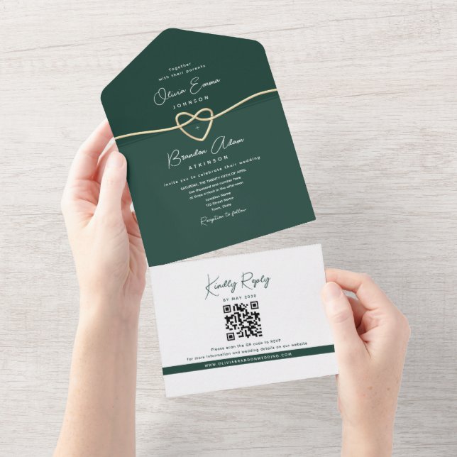 Invitación Todo En Uno Boda de oro verde esmeralda moderno (desgarro)