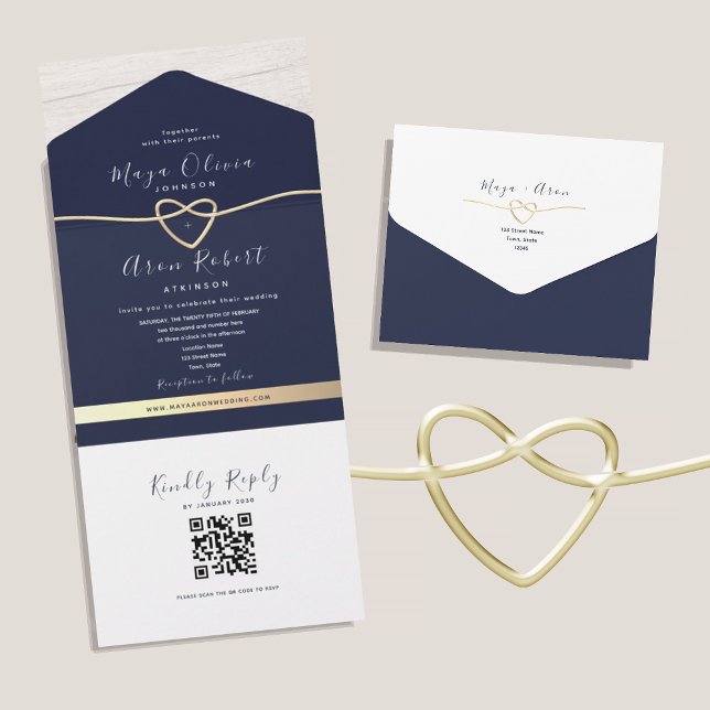 Invitación Todo En Uno Boda de oro y azul marino con código QR (Subido por el creador)