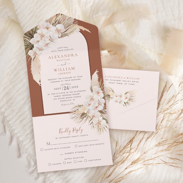 Invitación Todo En Uno Boda de orquídeas tropicales Pampas Grass Terracot (Subido por el creador)