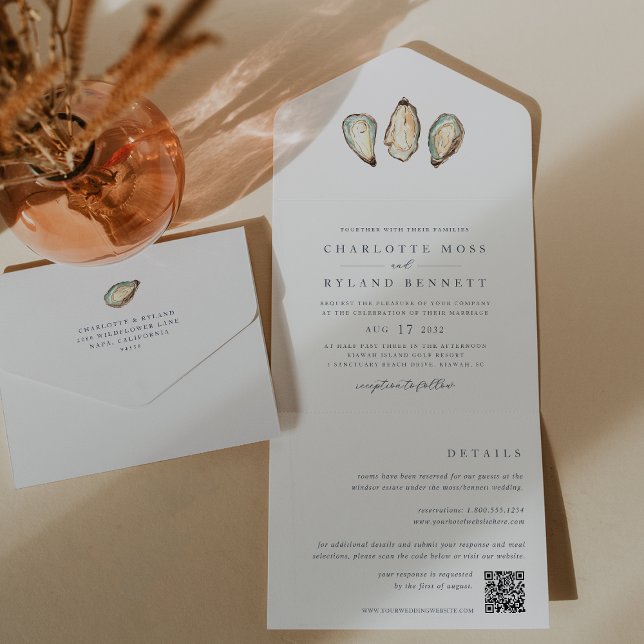 Invitación Todo En Uno Boda de ostión acuático costero (Coastal oyster wedding invitations with a detachable details card)