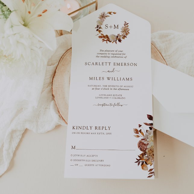 Invitación Todo En Uno Boda de Otoño (Rustic Boho Fall Wedding Mongrammed All In One Invitation by Painted Paperie
)