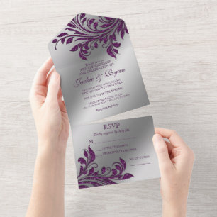 Invitación Todo En Uno Boda de Otoño Brillo Hoja Púrpura Plata