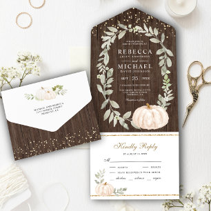 Invitación Todo En Uno Boda de otoño con calabaza blanca y vegetación de 