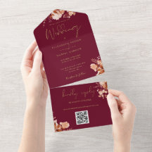 Boda de otoño con código QR floral en burgundy y d