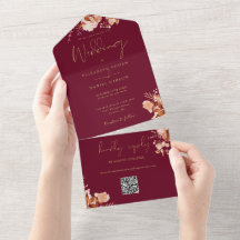 Boda de otoño con código QR floral en burgundy y d
