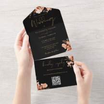 Boda de otoño con código QR floral rústico en negr