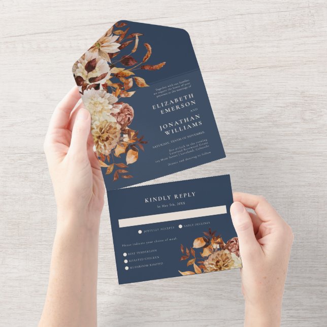 Invitación Todo En Uno Boda de Otoño de Azul Marino (desgarro)