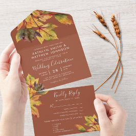 Invitación Todo En Uno Boda de otoño de follaje rústico marrón