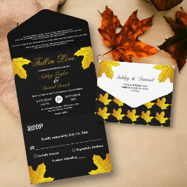 Invitación Todo En Uno Boda de Otoño Elegante de Lujo Negro y Hojas Dorad