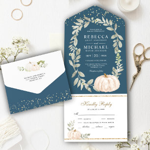 Invitación Todo En Uno Boda de Otoño en Blanco, Verde y Azul Polvoriento