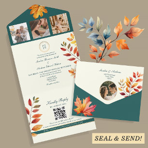 Invitación Todo En Uno Boda de Otoño en Elegante Turquesa