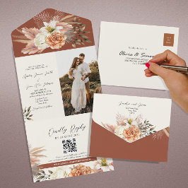 Invitación Todo En Uno Boda de Otoño Floral de Terracota Rústica