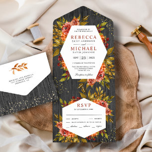 Invitación Todo En Uno Boda de otoño floral naranja quemada madera gris