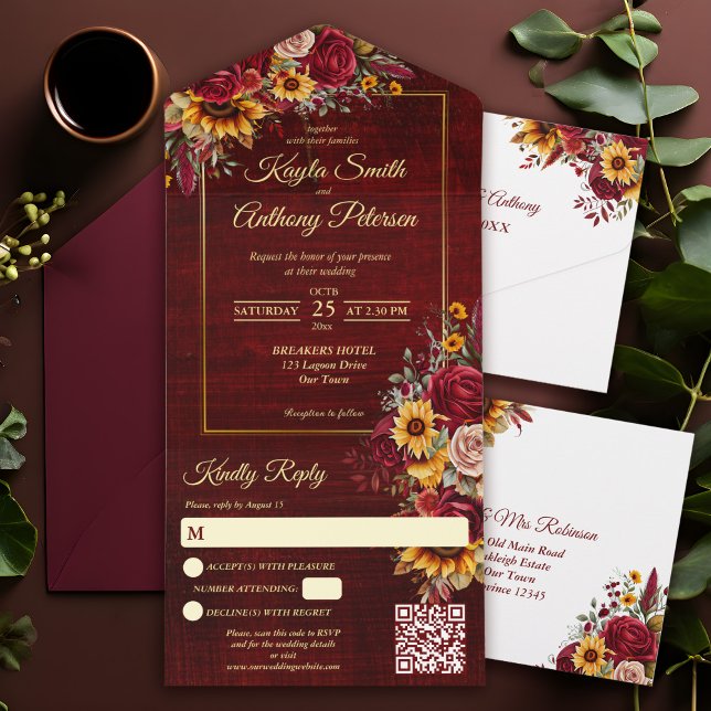 Invitación Todo En Uno Boda de otoño rosas burdeos girasoles amarillos (Fall wedding burgundy roses yellow sunflowers all in one  invitation wedding invitation cards)