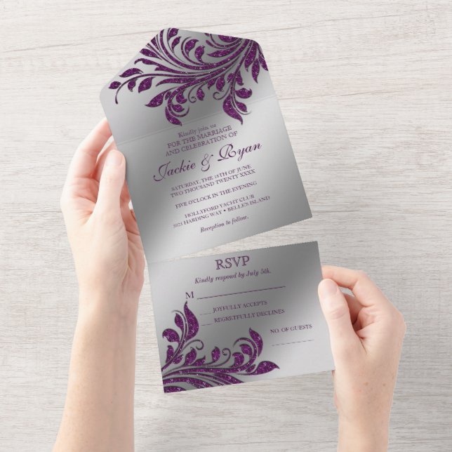 Invitación Todo En Uno Boda de otoño Sparkle Leaf Purple Silver (desgarro)