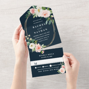 Invitación Todo En Uno Boda de Oval de Oro Azul de la Marina de Guerra Bl