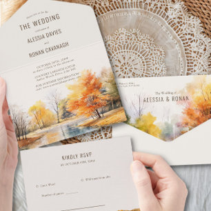 Invitación Todo En Uno Boda de país de acuarela del lago de otoño todo en