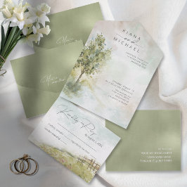 Invitación Todo En Uno Boda de paisaje acuarela All Sage Green ID786