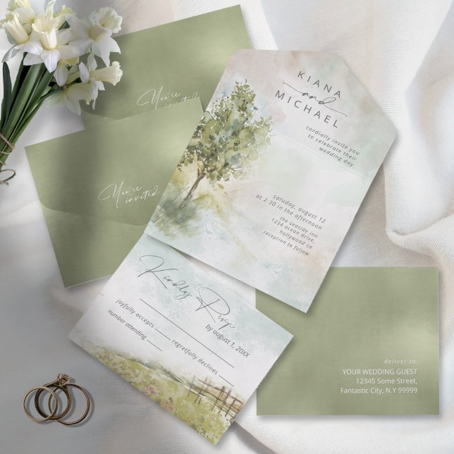 Invitación Todo En Uno Boda de paisaje acuarela All Sage Green ID786 (Subido por el creador)