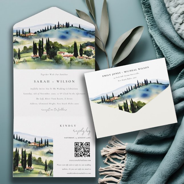 Invitación Todo En Uno Boda de paisaje acuático de la Toscana Italia Códi (Subido por el creador)