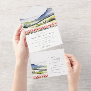 Invitación Todo En Uno Boda de Paisaje Floral Mínimo de Primavera del Paí