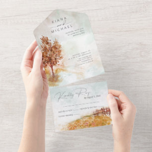 Invitación Todo En Uno Boda de paisajes acuarelas Oro Otoño ID786