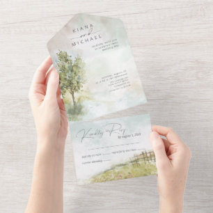 Invitación Todo En Uno Boda de paisajes acuáticos Sage Green ID786