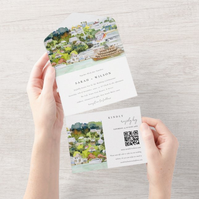 Invitación Todo En Uno Boda de paisajes fluviales QR Código QR (desgarro)