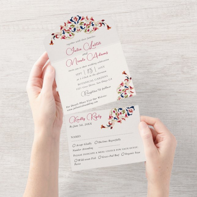 Invitación Todo En Uno Boda de Paisley Botánica Floral Artística de Lujo (desgarro)