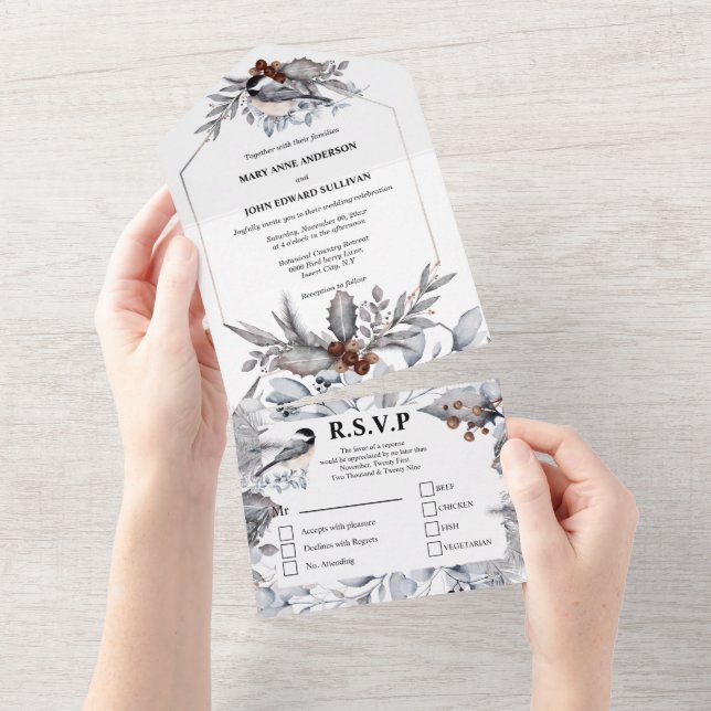 Invitación Todo En Uno Boda de pájaros de bosque marrón y gris (desgarro)