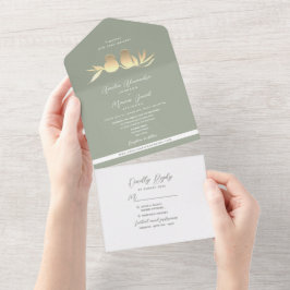 Invitación Todo En Uno Boda de pájaros del amor verde y dorado